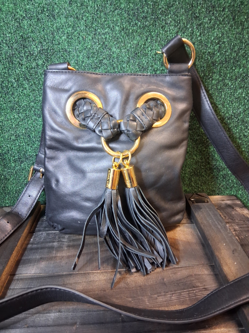 Michael Kors Black Leather Crossbody with Gold Ring Tassels
